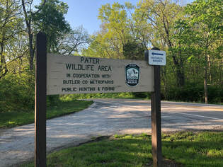 The brown, wooden Pater Park entrance sign with green grass and trees in the background.